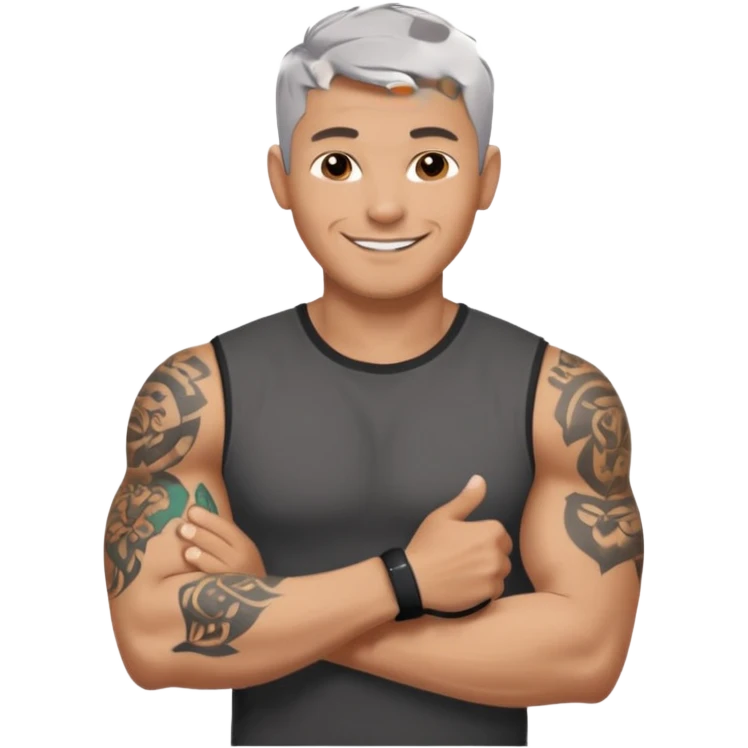 un homme de 35 ans, cheveux très court gris, qui sourit, musclé avec le bras droit tatoué et un tee shirt noir emoji