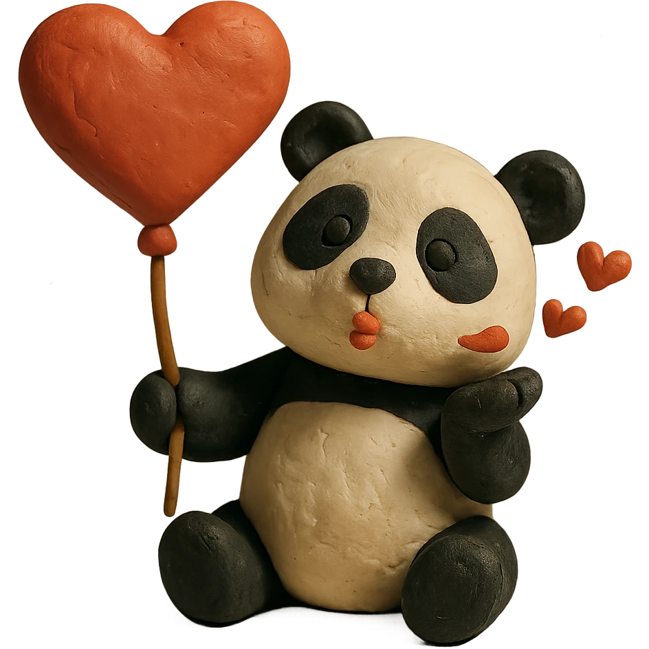 panda with heart-shaped balloon blowing kisses, claymation style emoji