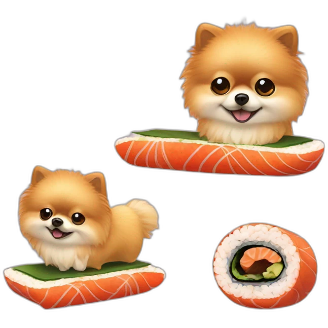 Pomeranian dressed like a sushi roll emoji