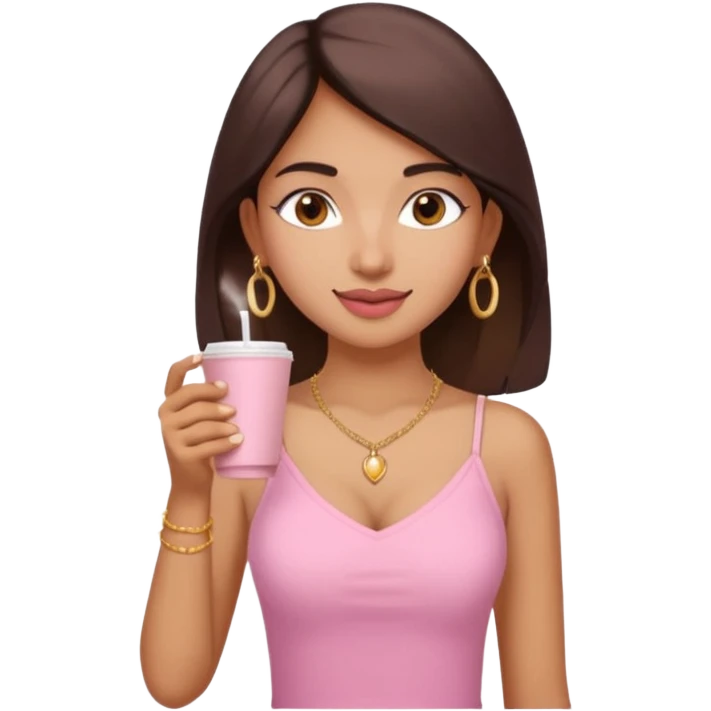 a pretty fair indian bratz girl with a pink cami top, drinking takeaway brown coffee, golden dainty necklace and carrying a white bag emoji