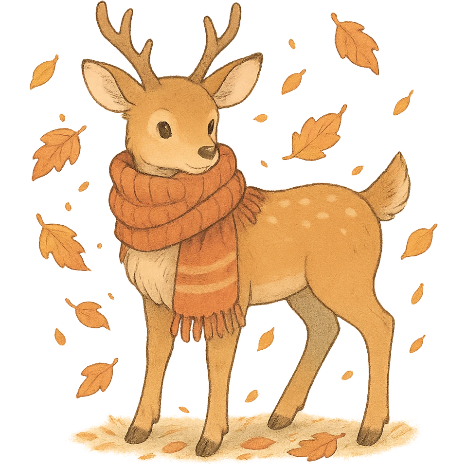 deer in a wooly scarf among falling leaves, cozy fall palette, soft pastel, ghibli style emoji