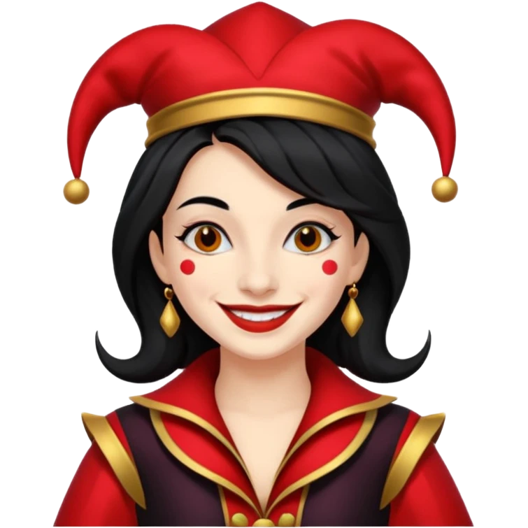 Jester woman, black and red suit, black hair emoji