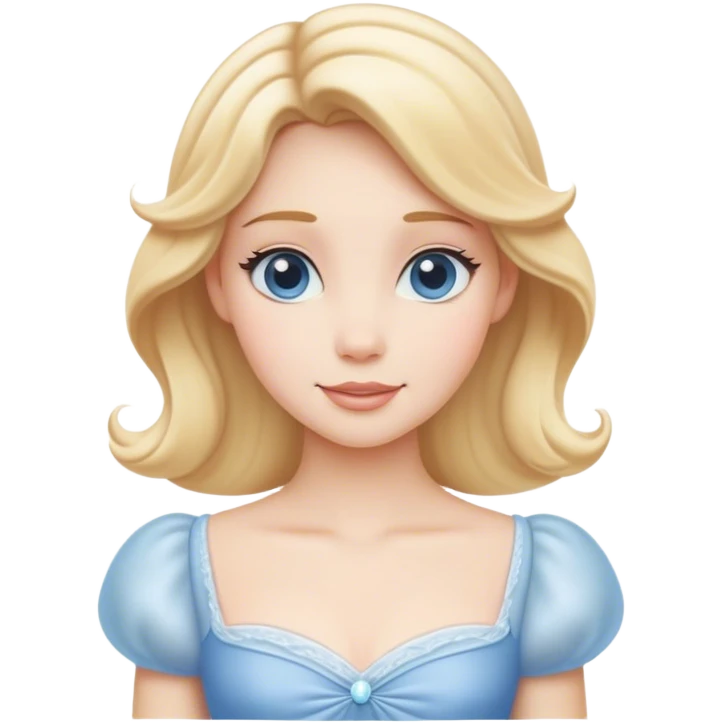 Cinematic Serene Cinderella Portrait Emoji, rendered in a realistic, vector-style with minimal shading. Depict a gentle Cinderella (chest and above) with porcelain skin, smooth blonde hair falling in soft waves, and calm, inviting eyes. Dressed in her modest daytime dress, she exudes quiet grace and pure enchantment, highlighted by a soft glowing outline. emoji
