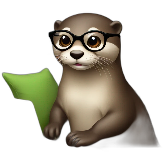 female otter with glasses use a macbook while seated against a pillow emoji