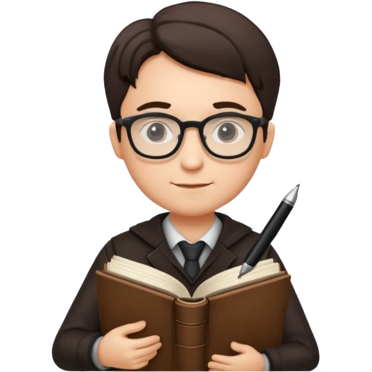 writer holding big pen and book, wearing glasses , zoom out emoji
