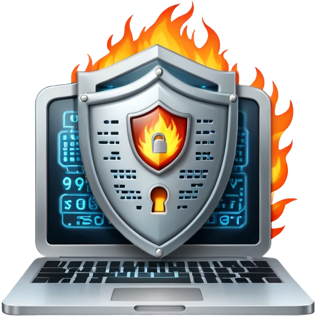 An icon featuring a digital shield with a lock, binary code, and a glowing firewall grid, symbolizing cybersecurity. The design includes a laptop, warning icons, and secure network nodes, representing protection against cyber threats. Transparent background highlights digital safety and defense. emoji