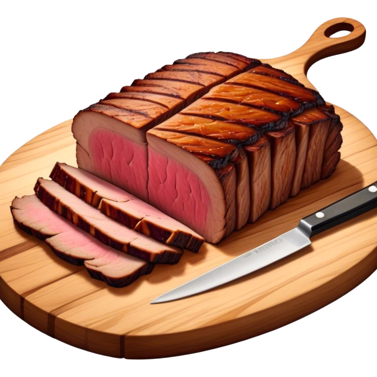 Cinematic smoked brisket, deep mahogany crust, perfectly sliced to reveal juicy marbled meat, warm smoky aroma, served on a wooden board, rich and flavorful, ultra-detailed and appetizing. emoji