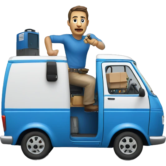 Italian man driving a blue van with a generator attached at the back emoji