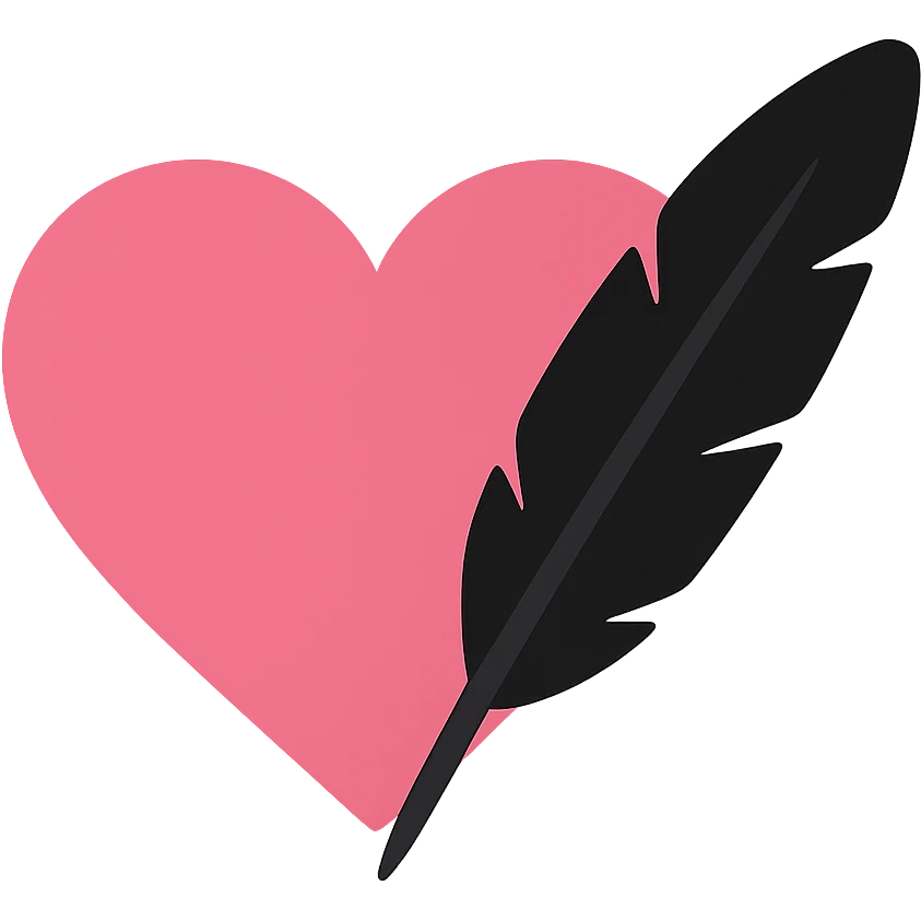 gothic heart with a black raven feather, color icon filled style, pink and black emoji