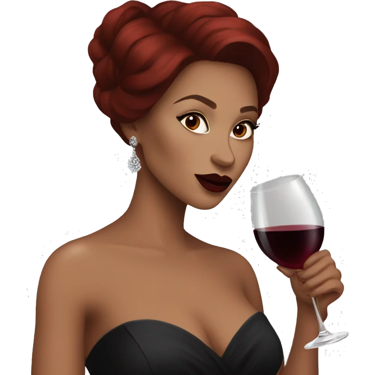 Dark red haired beautiful women with dark red lips and brown eyes drinking wine in a black gown emoji