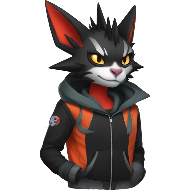 Cool Anthro Black Noivern-Nargacuga-Litten-cat-Pokémon with edgy stripes hoodie spiked collar punk Full Body emoji