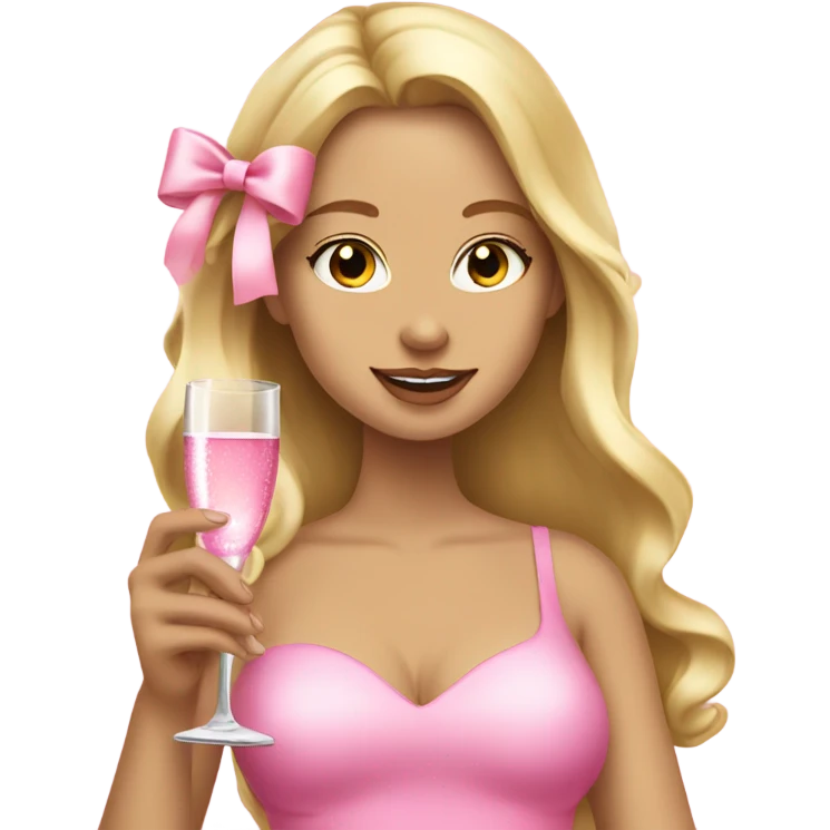 Pretty blonde lady with long hair drinking pink champagne with pink bow on hair emoji