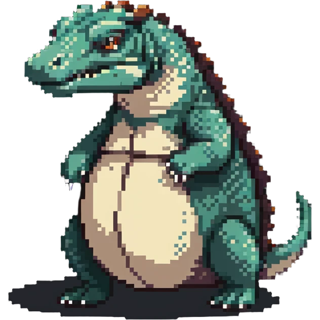 A pixelated fat komodo dragon with a big round belly, mid-hiccup with its body slightly jumping emoji