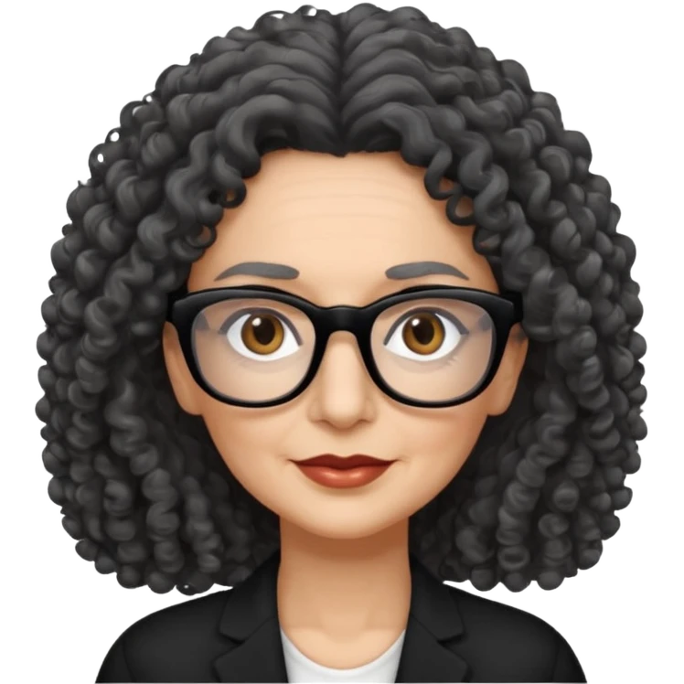 femme 60 ans cheveux gris foncé très bouclé longs et yeux marrons foncé,  lunettes rectangle noir emoji