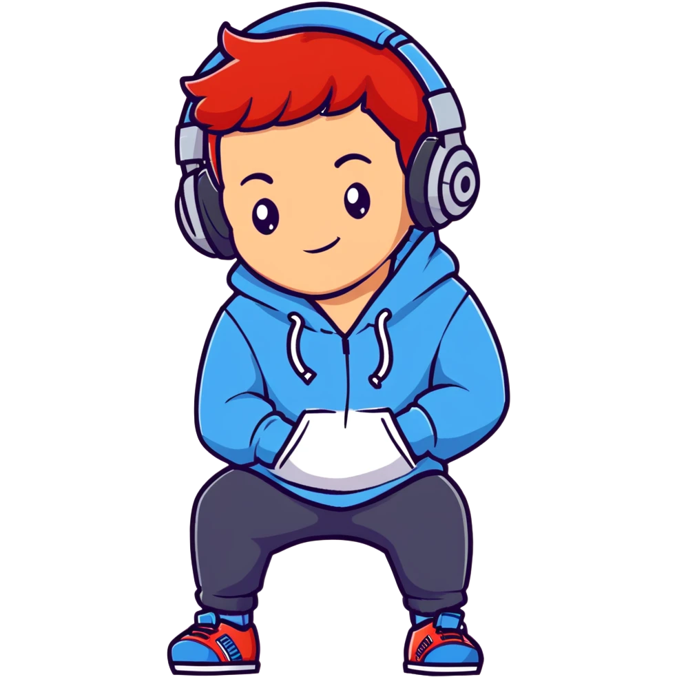 young red-haired boy wearing headphones and a hoodie with 'woojuo' printed on the chest, confident expression, simple and bright style, suitable for emoji or avatar emoji