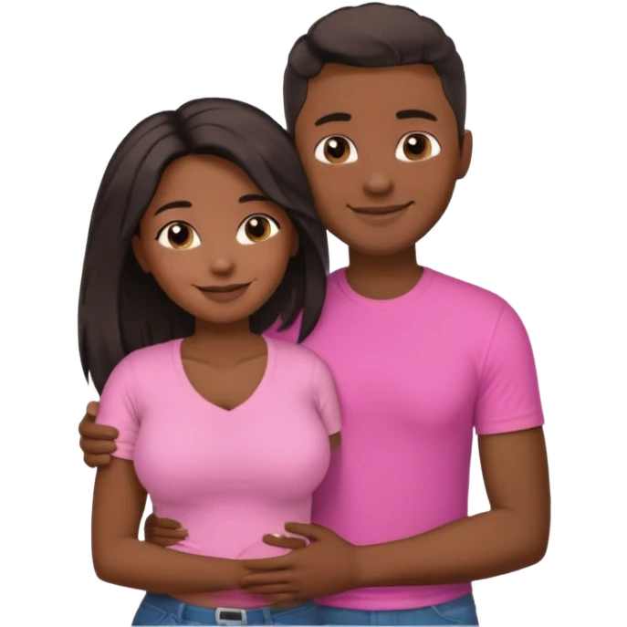 Black lesbian couple with one dark skin masculine with short hair low cut fade with a t shirt with breasts and one feminine with very long hair in a pink blouse hugging  emoji