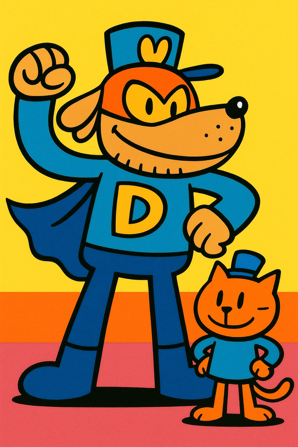 Dogman with a sidekick, vibrant cartoon style emoji