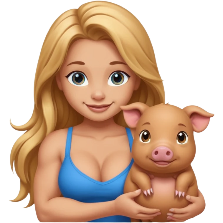 muscled sexy girl, big butt, holding cute brown minipig, long golden hair, blue eyes emoji