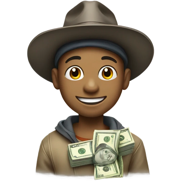 smiling boy in hat portrait with a bag of money emoji