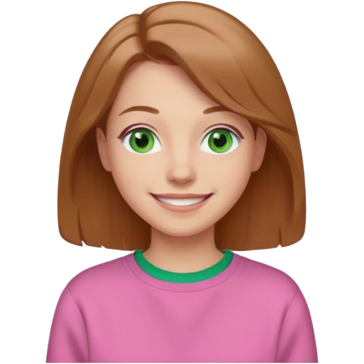  Una donna con una felpa semplice rosa, senza cappuccio. i capelli sono lunghi fino alle spalle marroni chiaro,gli occhi sono verdi e la bocca è contenta  emoji
