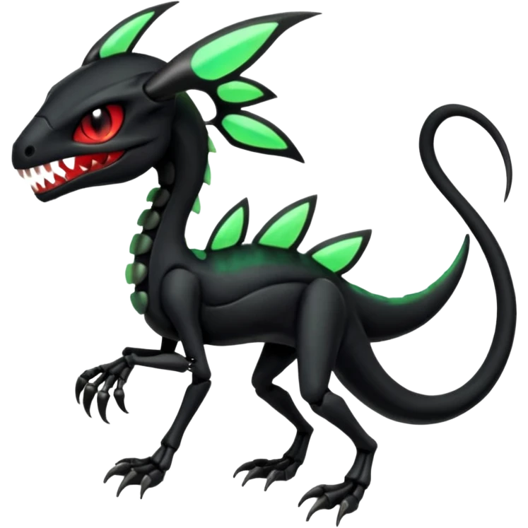 Obsidian-black and neon-glowing-green skeletal Meloetta-Salandit-Gorebyss-Salazzle-Pokémon-Fakémon-creature-fusion-hybrid with glowing crimson-red evil slit eyes emoji