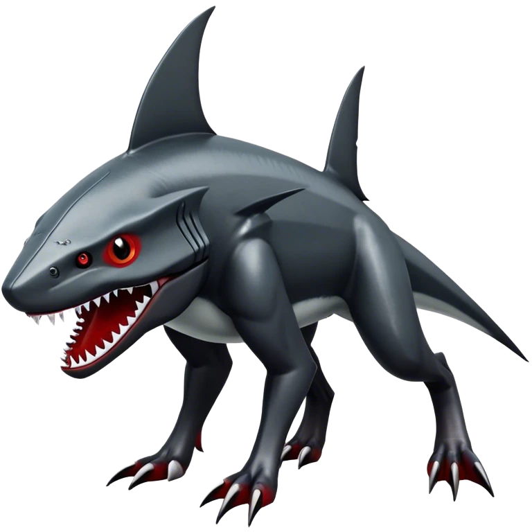 Realistic dark edgy futuristic modern advanced Sharpedo-Houndoom-Scizor-sergal-hybrid-animal creature with a shark-tail and red scars, full body, with cool sharp markings  emoji