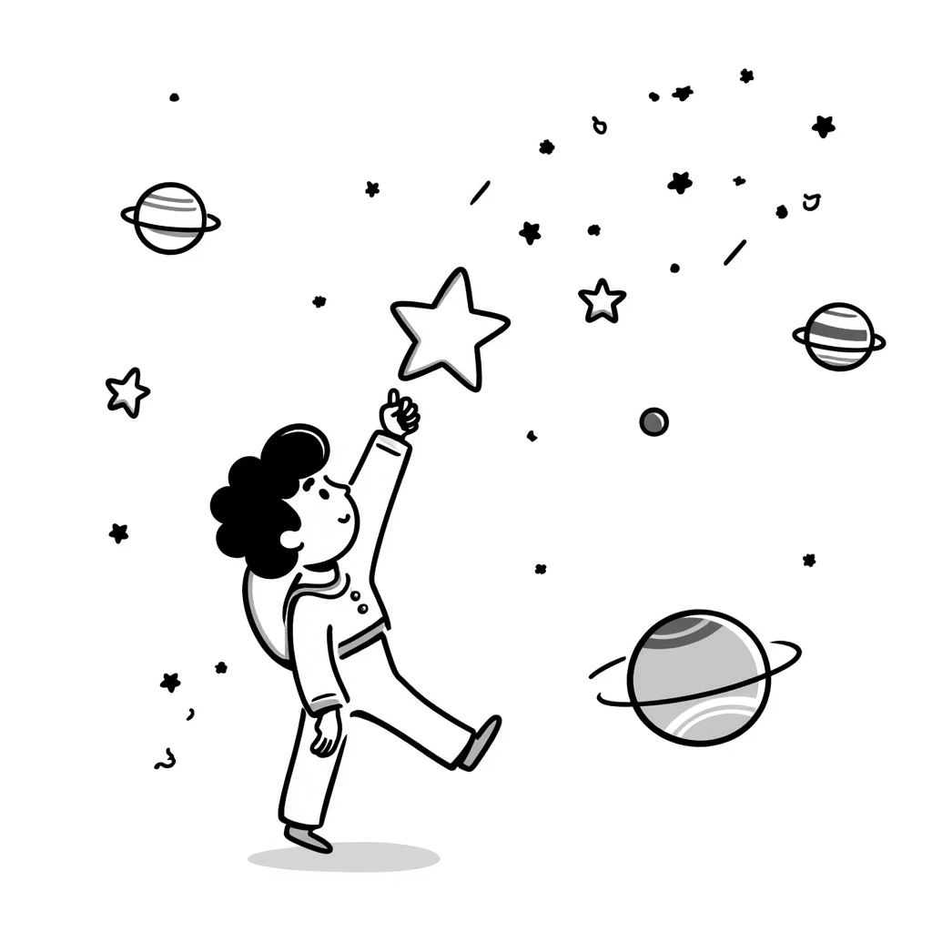 A hand-drawn whimsical space scene with stars and planets emoji