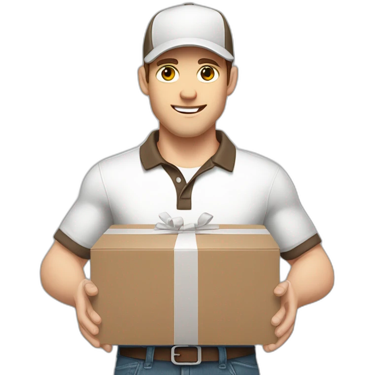 Pale skinned fit Man with dark brown hair in a light gray cap, dark brown jeans, brown polo and white T-shirt keeping a pasted with tape white box into his hands emoji