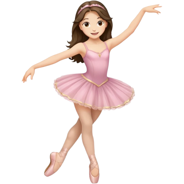 happy pretty white brunette teen long hair with hazel eyes in a ballet costume and point shoes dancing emoji