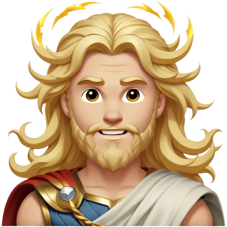 Cinematic Realistic Thor Portrait, head tilted dramatically with an exaggeratedly amused expression, featuring lively, twinkling eyes and a subtle, roguish grin. His fair, radiant skin and long, wavy golden hair, rendered with classical precision, complement his draped white toga adorned with delicate golden details and mythic lightning hints, all brought to life with dynamic lighting that captures both his divine power and playful, approachable charm. emoji