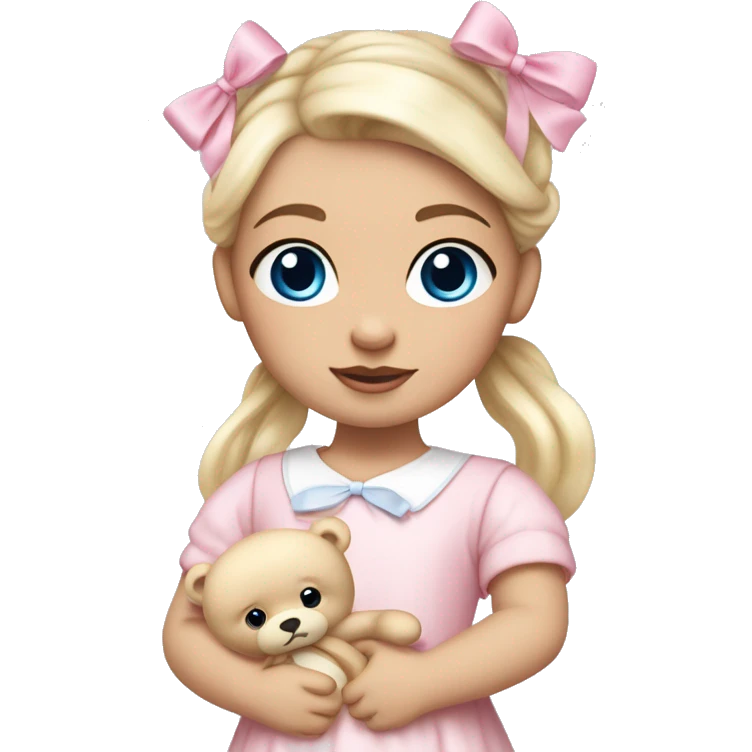 Little  babygirl with White skin, blue eyes. Light blonde hair in two ponytails, with light pink bows.  She is wearing a light pink and White dress, holding a teddybear with a pink bow. emoji