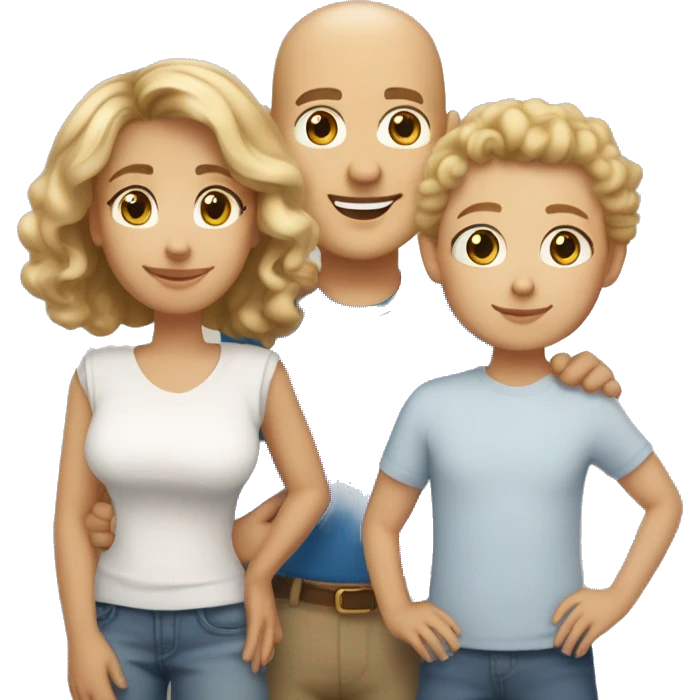 family, all light skinned, dad bald, mom light brown short curly hair, son blond short short curly hair,  and daughter dark blond shoulder length hair all have blue eyes don't need bodies emoji
