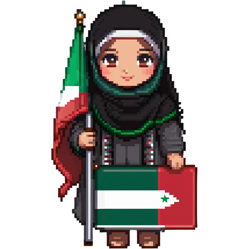 a hijab-wearing girl wearing the Palestinian keffiyeh and holding the Oman flag, pixel art style emoji
