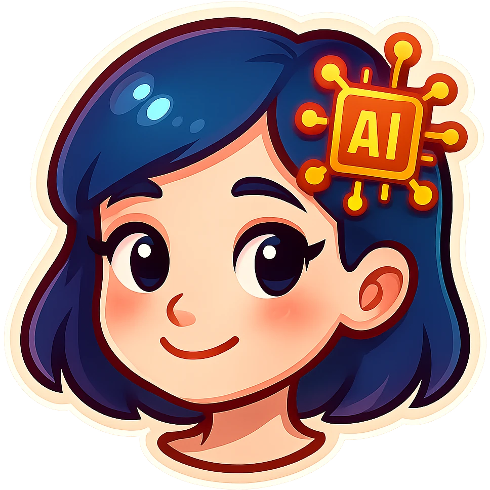 cute girl in Telegram sticker style, very pale skin, neat facial features, large expressive eyes, soft smile, small artificial intelligence icon like chip, brain pictogram or neural network in hair, white background, head only without neck emoji