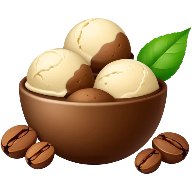 bolitas de helado de cafe con semilla de cafe minimalista y con una hojita  emoji