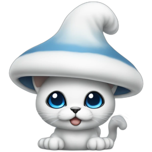 Blue smurf cat with black eyes wearing a large white mushroom as hat, no body emoji
