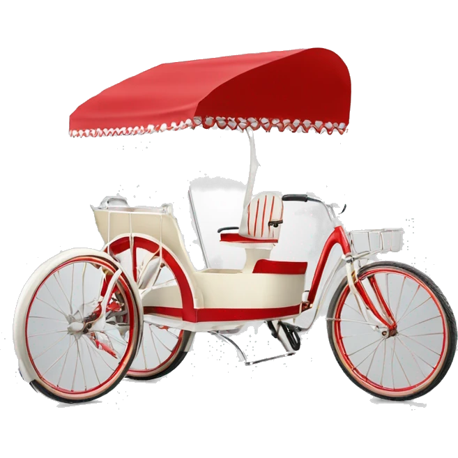 un tricycle vente crème lacée de ouleur blanc et rouge avec un canopy avc es bands rouge et blanc emoji