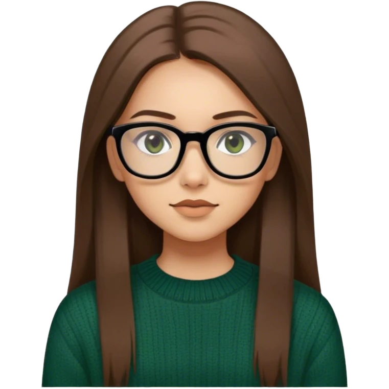 girl with straight long brown hair, light skin, black rectangular glasses, dark green sweater, brown eyes emoji