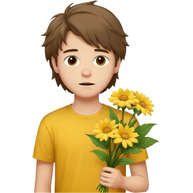 generate an ios genmoji of a 20 year old fair boy with brown long and messy hair with faint upper lip hair - visible (brown). should look like he cant grow a mustache., carrying a flower bouquet, wearing a yellow tshirt, looking shy emoji