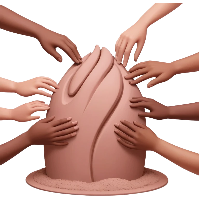 multiple hands working together to form and shape a large pink clay sculpture, collaborative pottery making emoji