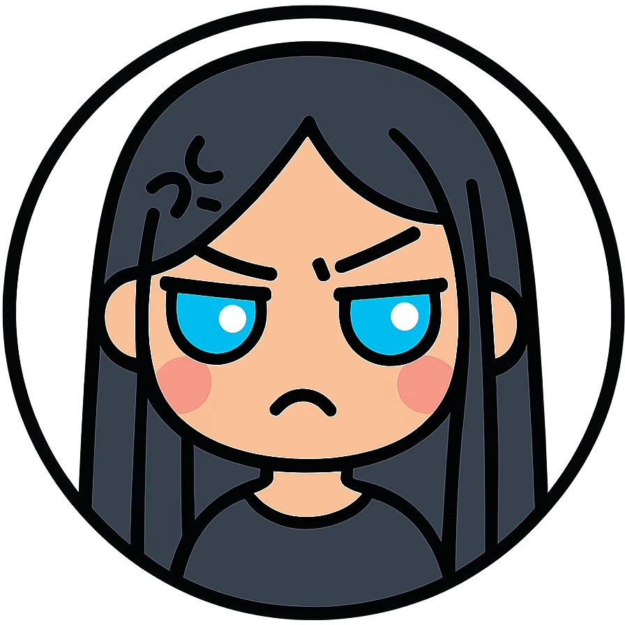 chibi cyberpunk girl with long straight black hair, large glowing neon-blue anime eyes, light peach skin, round face, small nose, soft cheeks, thin black line art, annoyed expression with small grimace and flat mouth, eyebrow raised in irritation, tiny squiggly lines near forehead, pure white background, inside a thin black circle emoji