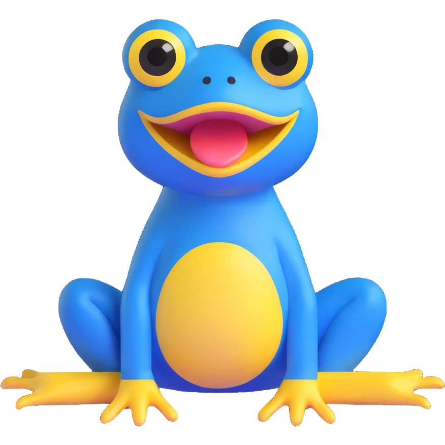 blue frog, sitting pose, exaggerated yellow mouth, wide eyes, cute and silly, appealing to children, no accessories emoji