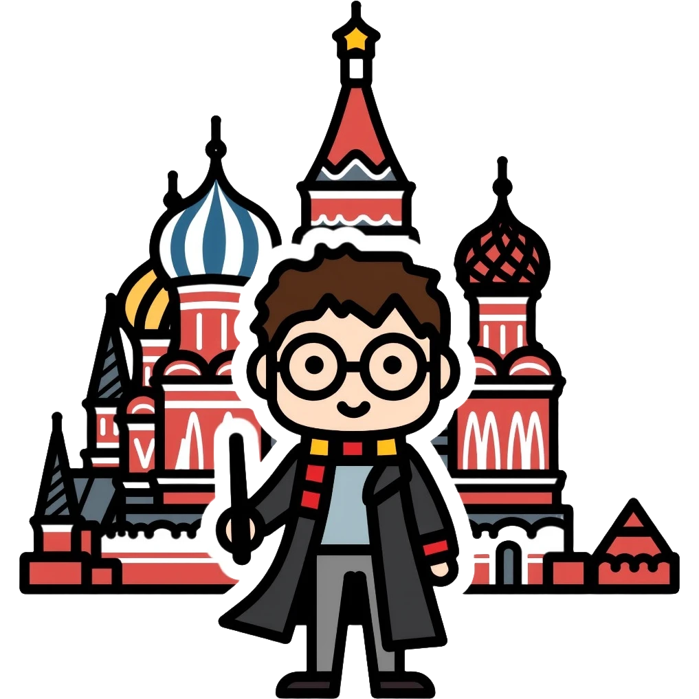 Harry Potter with glasses, lightning scar, and wand standing in front of St. Basil's Cathedral in Russia emoji