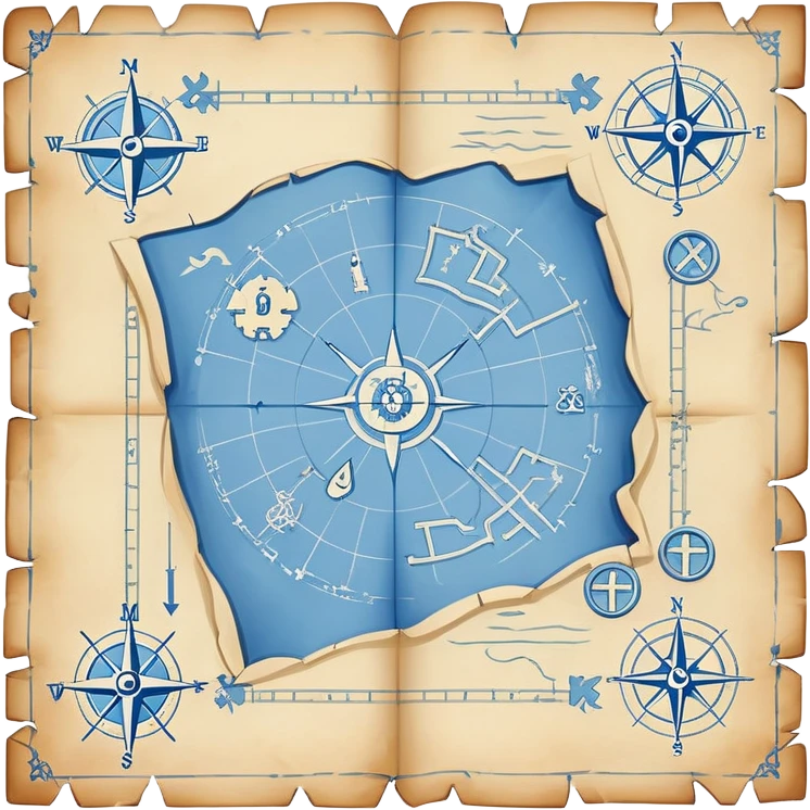 blue blueprint plan with white treasure map symbols and a path emoji