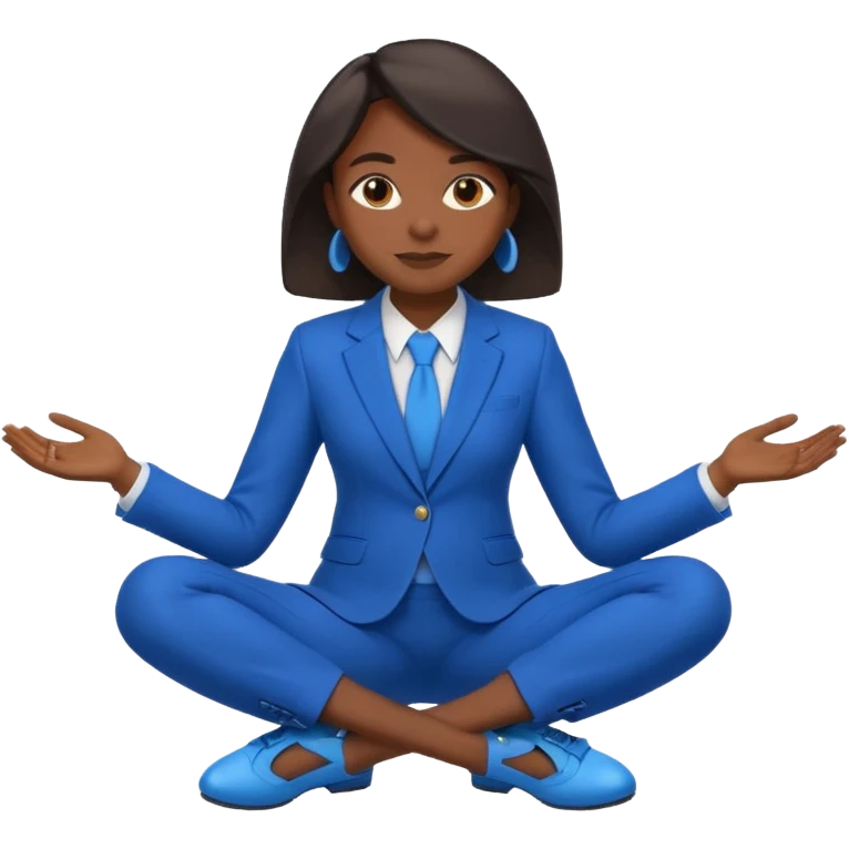 black woman in a blue smart suit and shoes, sitting cross-legged, relaxed and confident, emoji style emoji