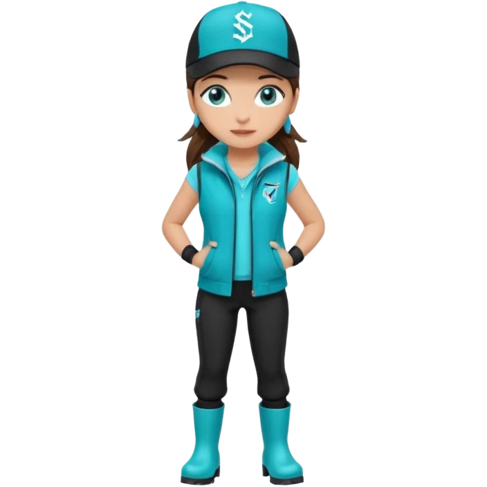 A landscaper in a beautiful turquoise jacket, turquoise rubber boots, and black pants. Over the turquoise jacket, she wears a black sleeveless vest. On her head, she wears a black Swissotel baseball cap. The girl is a brunette with blue eyes. emoji