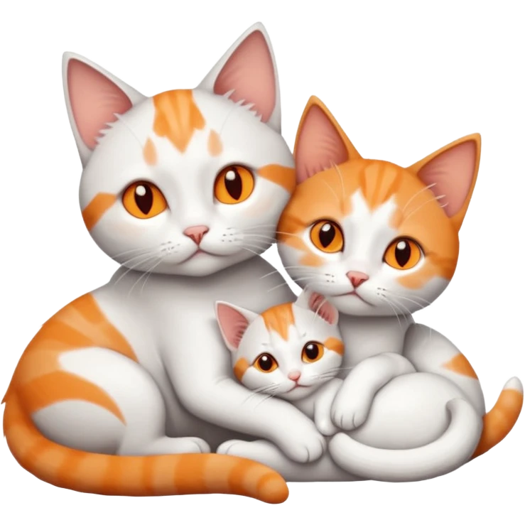 full body of a grey and white cat cuddling a very small + skinny ginger and white kitten with deep orange eyes and triangular shaped face lying down emoji