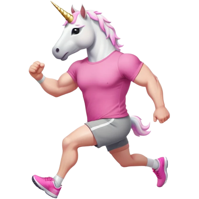 friendly anthropomorphised male white unicorn with a fit, chunky, muscular and strong physique, arms and legs matching the white of the head, in grey shorts and pink t-shirt, wearing dark sunglasses, jogging upright in a standard pose emoji