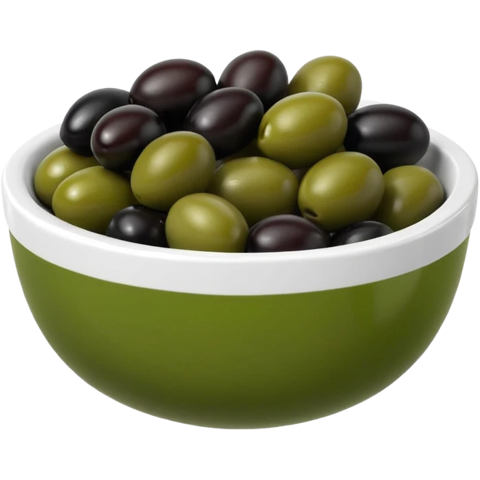 olives object icon, black and green olives in a small bowl, glossy look, 3D cartoon, mobile game icon style, clean background, no text, no watermark
 emoji