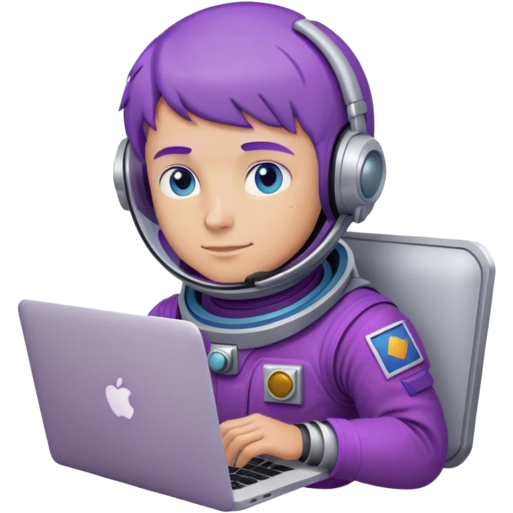 dude astronaut with purple suit, blue eyes, short purple hair and one macbook emoji